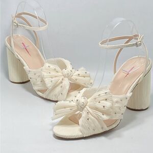 Loeffler Randall Camellia Pearl Rhinestone Bow Heel Sandals size 9.5